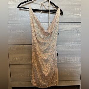 Fashion Nova Iridescent Pink Sequin Strapless Cowl Dress